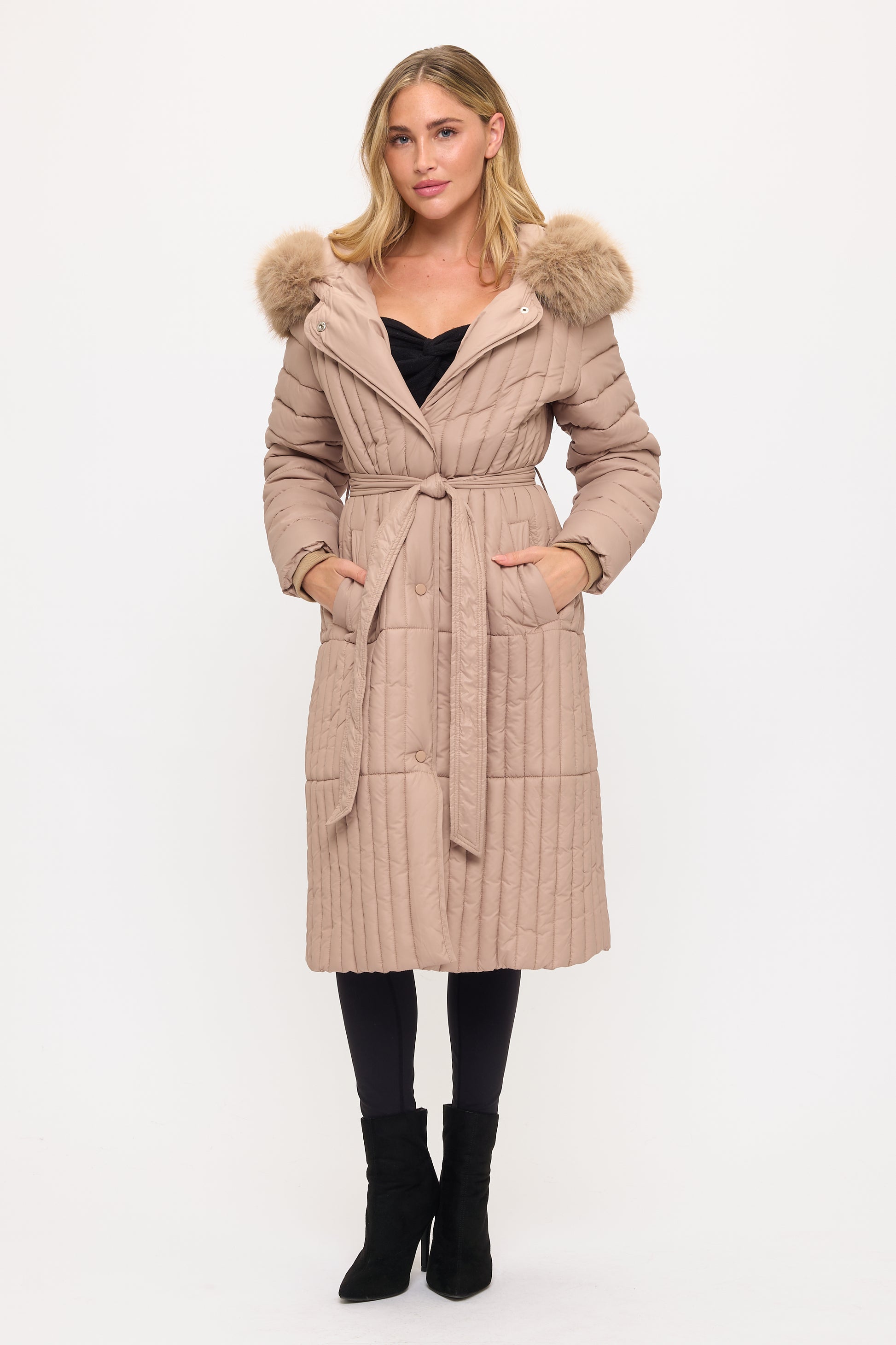 Royale Quilted Puffer Coat Front View in Beige | Coalition LA