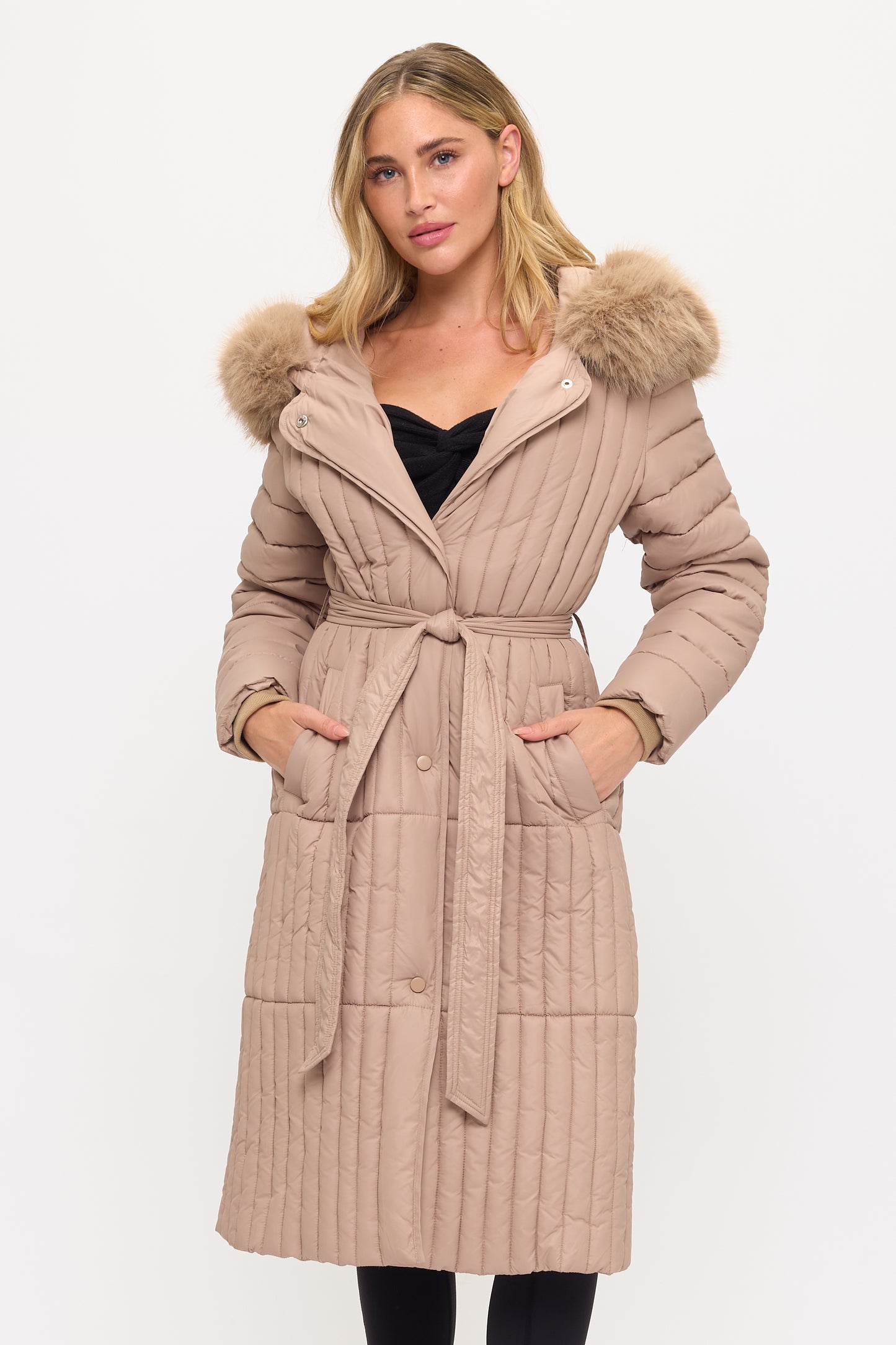 Royale Quilted Puffer Coat Front View in Beige | Coalition LA
