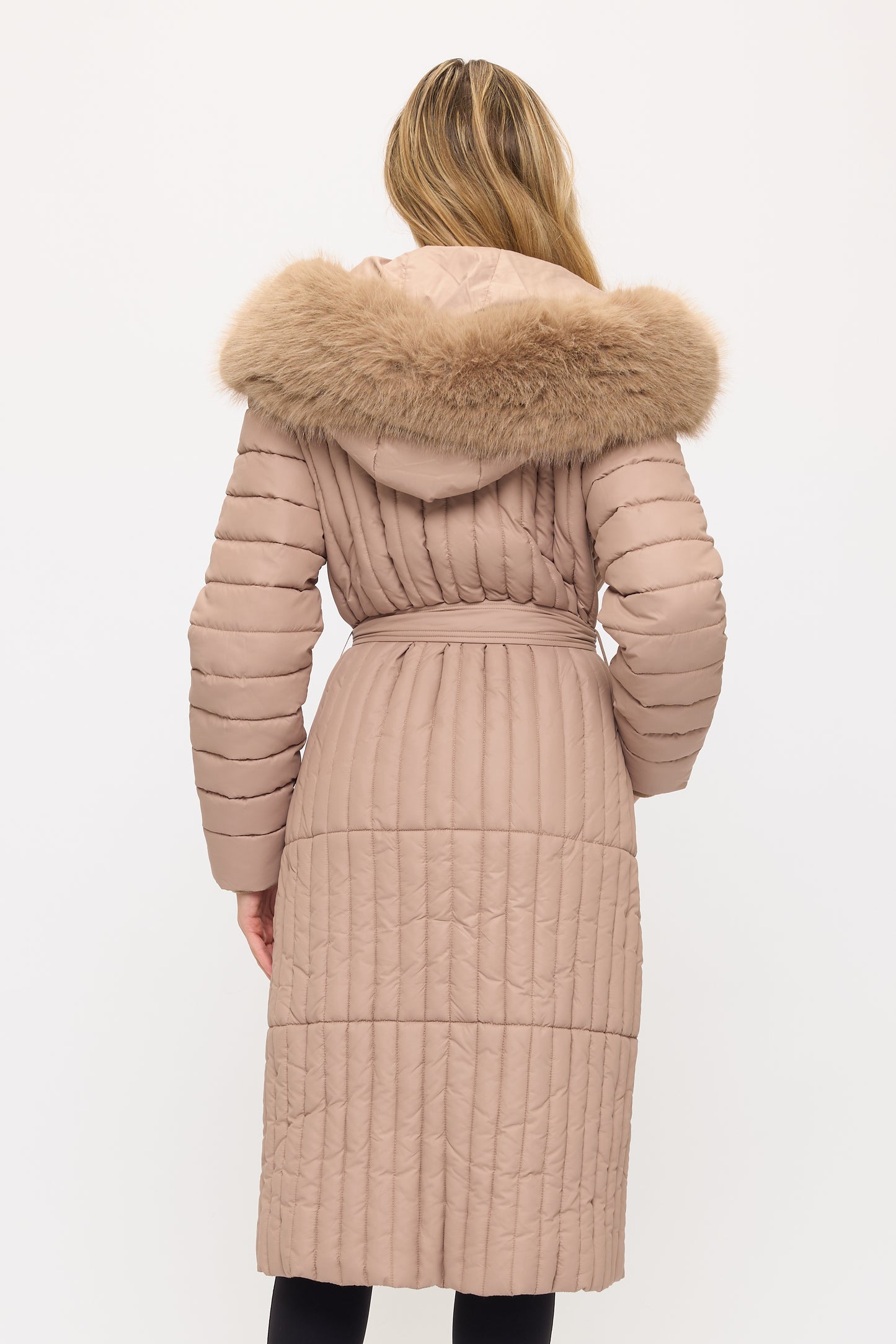 Royale Quilted Puffer Coat Back View in Beige | Coalition LA