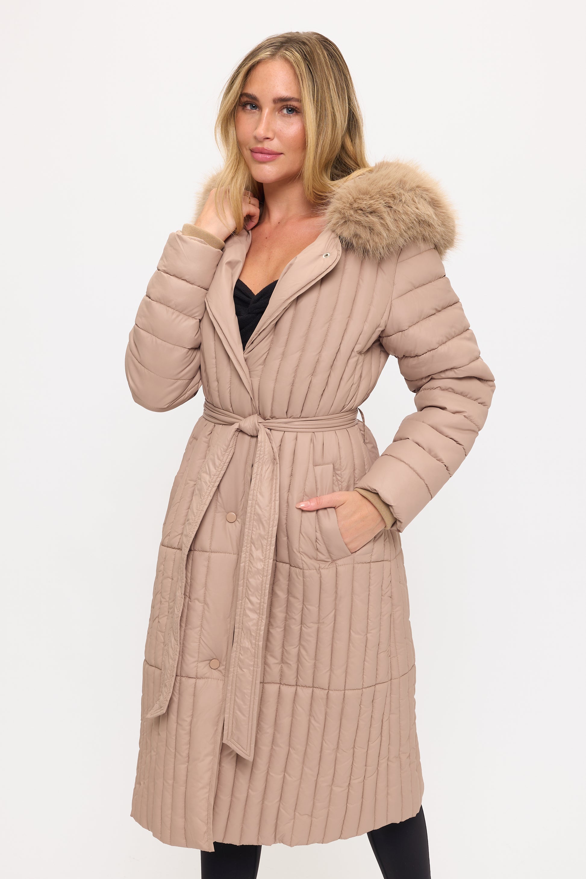 Royale Quilted Puffer Coat Side View in Beige | Coalition LA