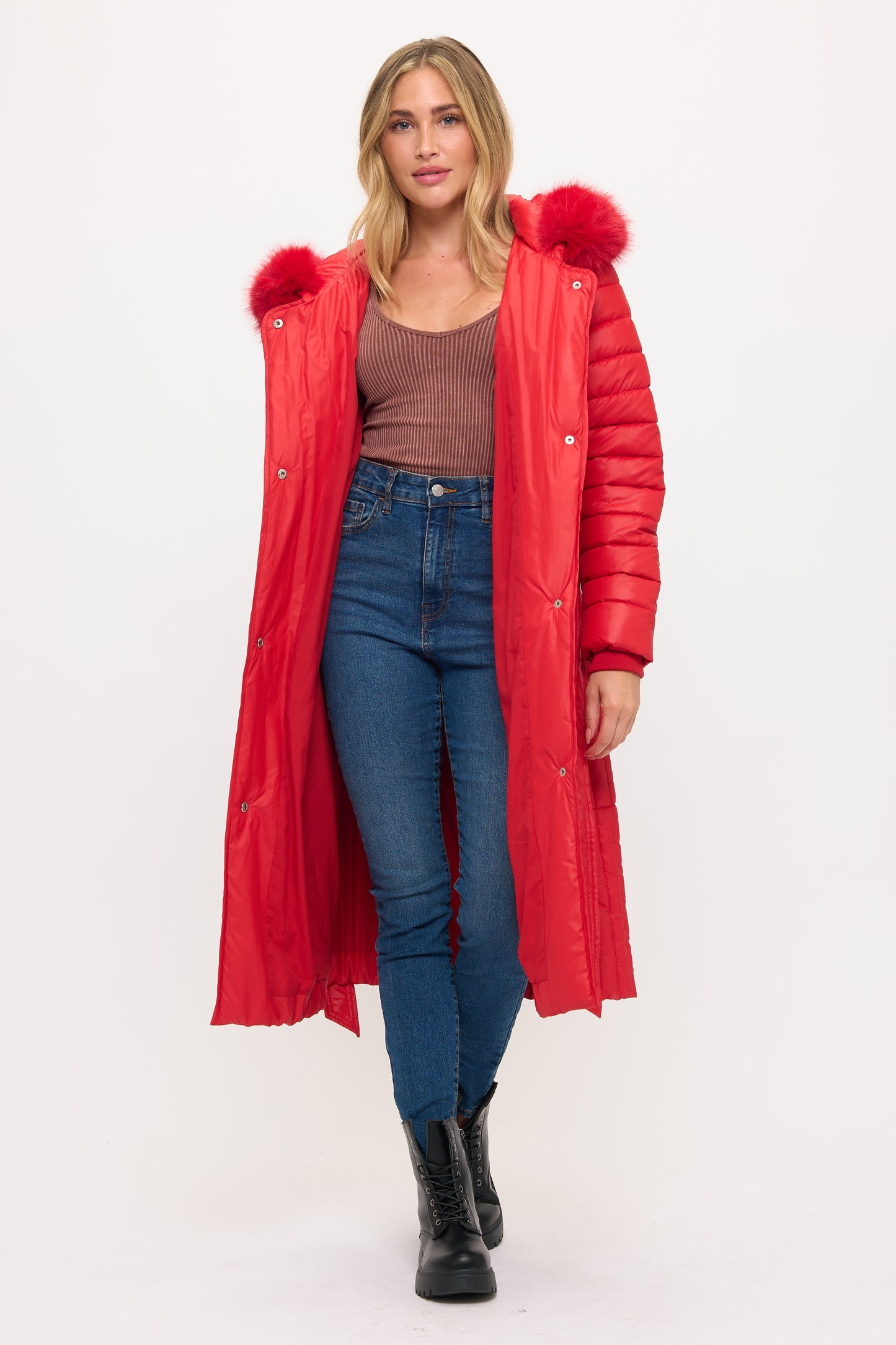 Model Wearing Royale Quilted Puffer Coat Full Length View in Red | Coalition LA