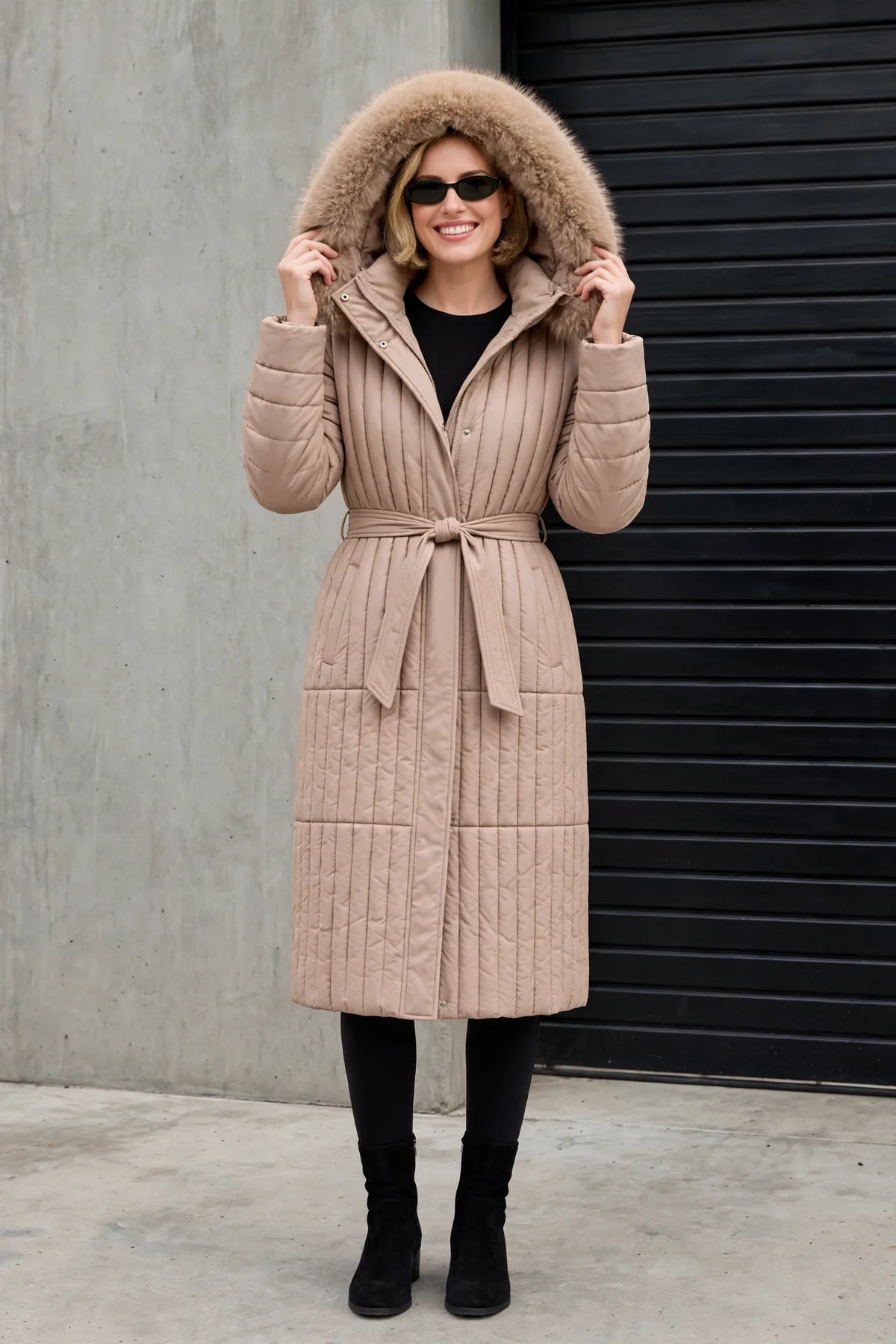CLANP0077 - Royale Quilted Puffer Coat - taupe hood view