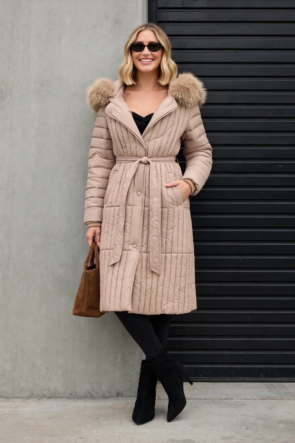 CLANP0077 - Royale Quilted Puffer Coat - taupe front view