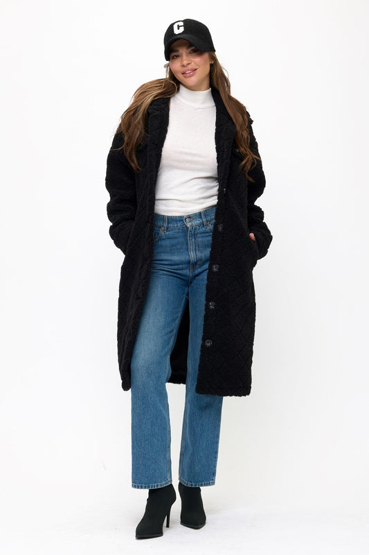 Diamond Sherpa Duster Coat Front View in Black | Coalition LA