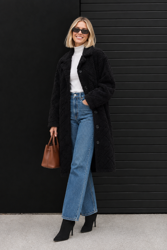 CLAQF0083 - Diamond Sherpa Duster Coat - black front view
