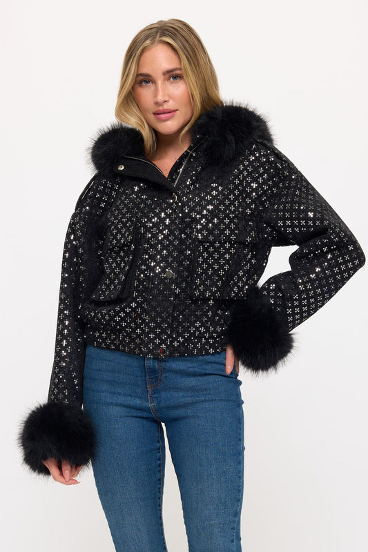 CLATJ0052: The Starlight Sequin Bomber with Faux Fur Collar