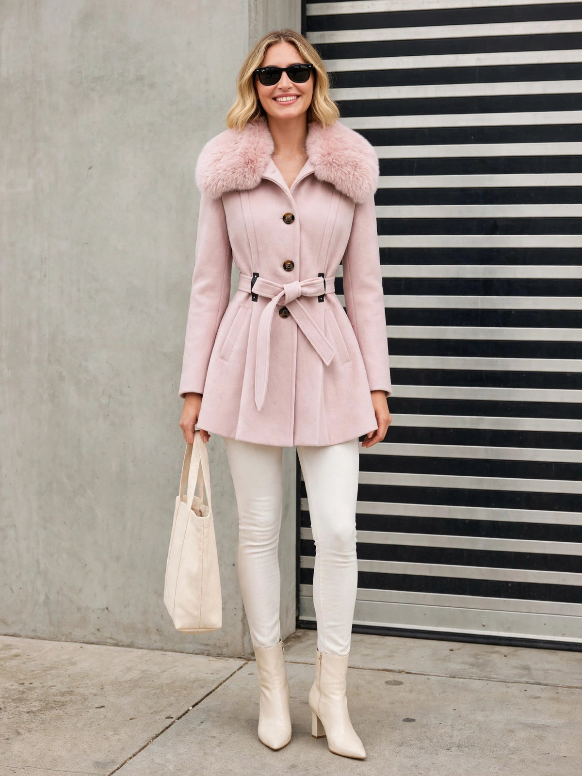 The Audrey Coat, blush faux fur coat, front view