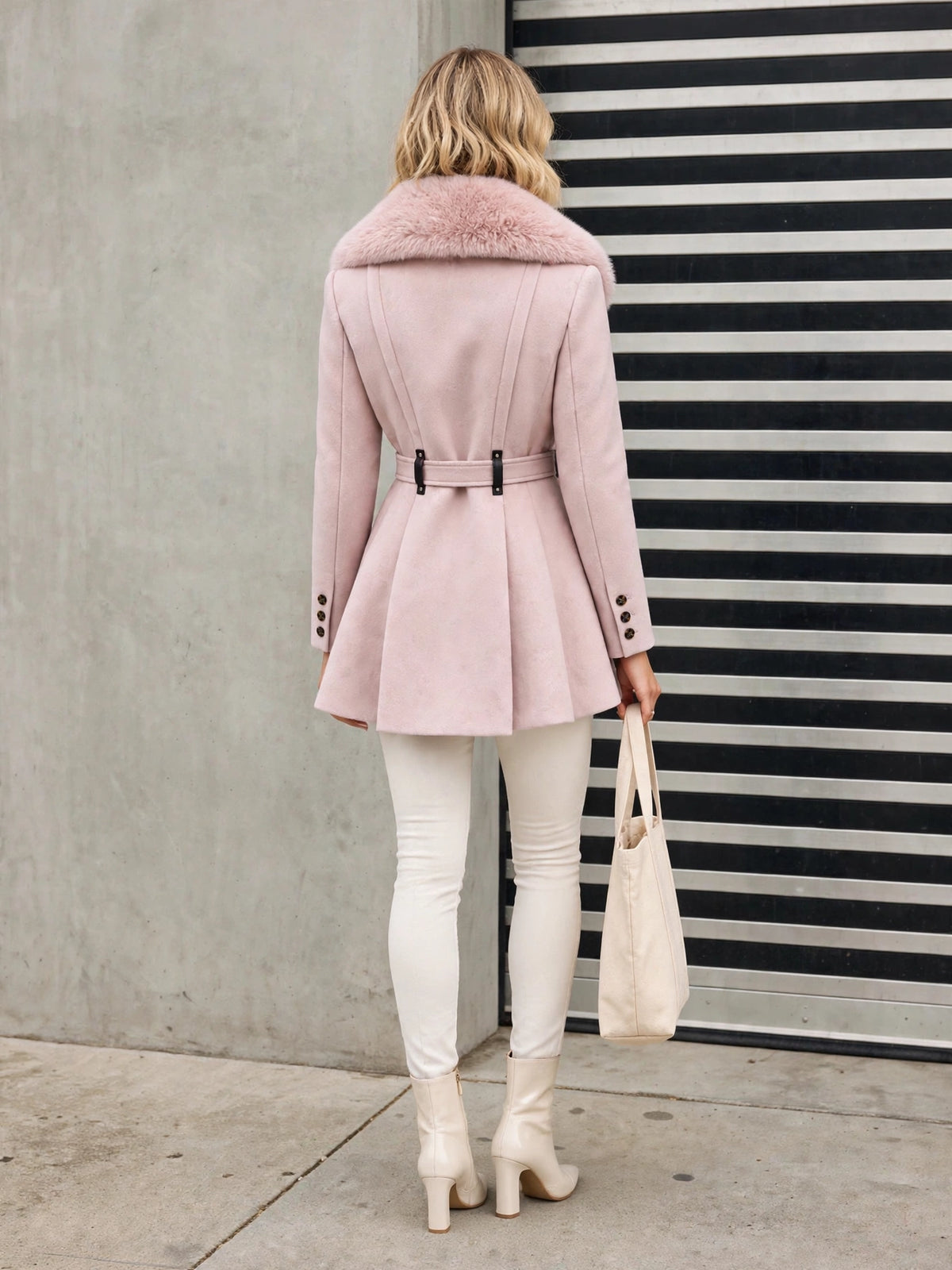 The Audrey Coat, blush faux fur coat, back view