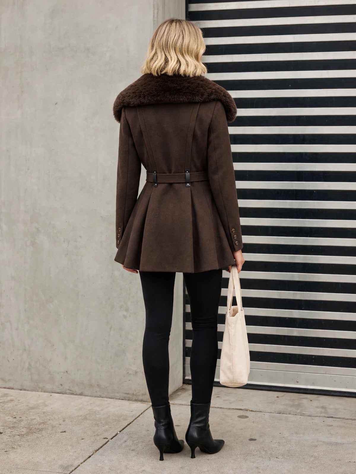 The Audrey Coat, chocolate faux fur coat, back view