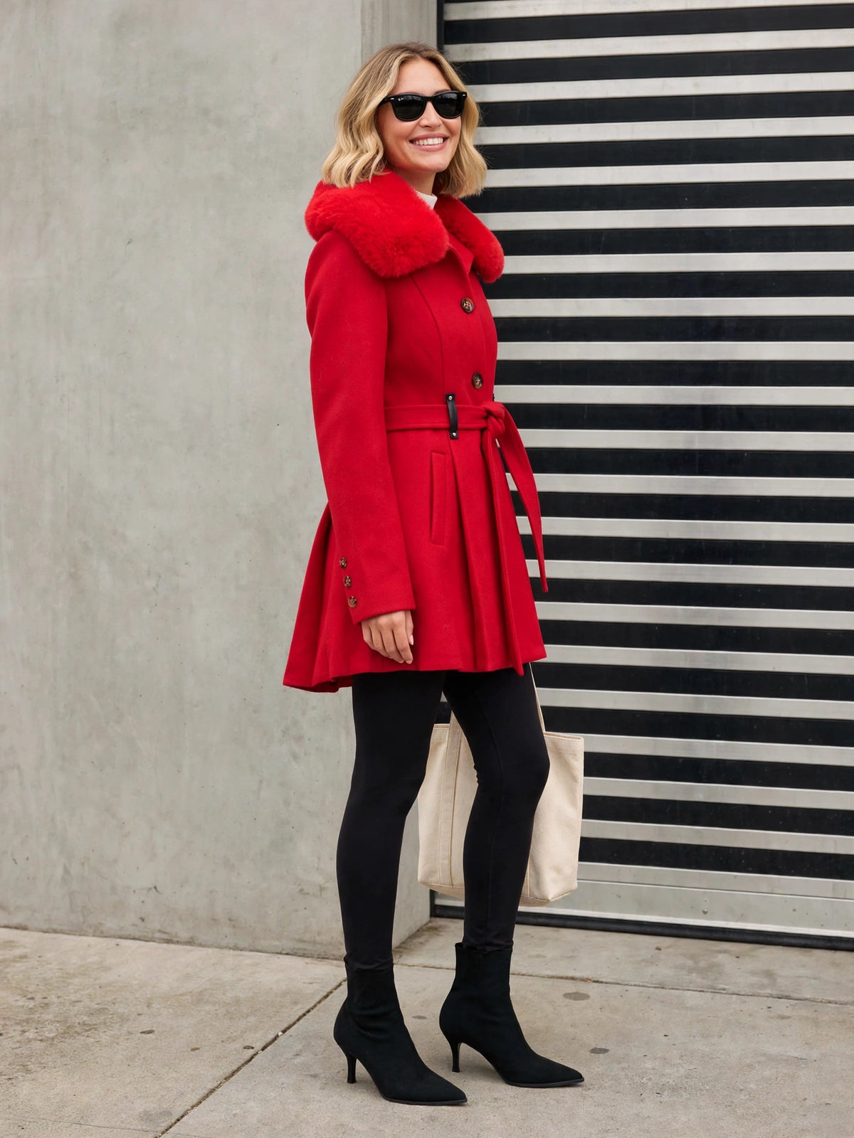 The Audrey Coat, red faux fur coat, side view