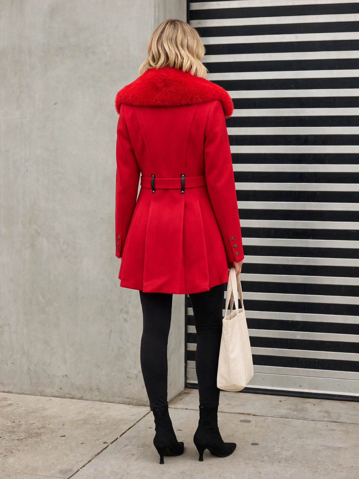 The Audrey Coat, red faux fur coat, back view
