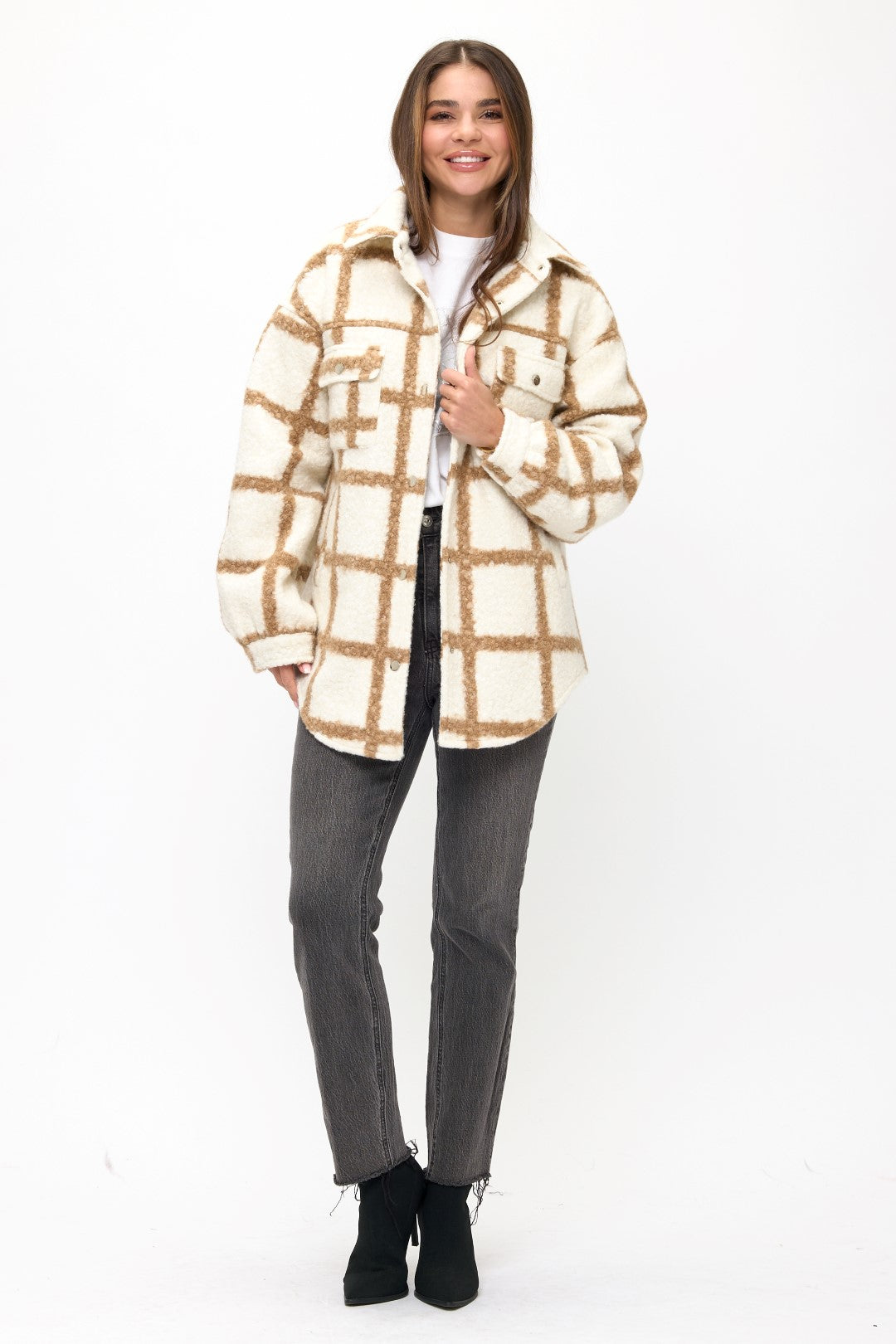 Manhattan Grid Oversized Wool Coat Front View in Taupe Multi | Coalition LA