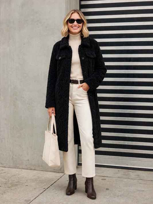 Quilted Sherpa Long Button Jacket, black jacket, front view