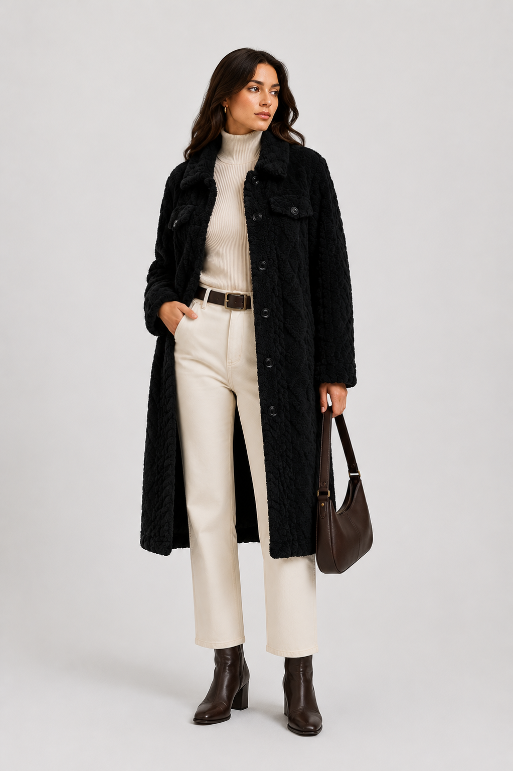 FJ0182 - Quilted Sherpa Long Button Jacket