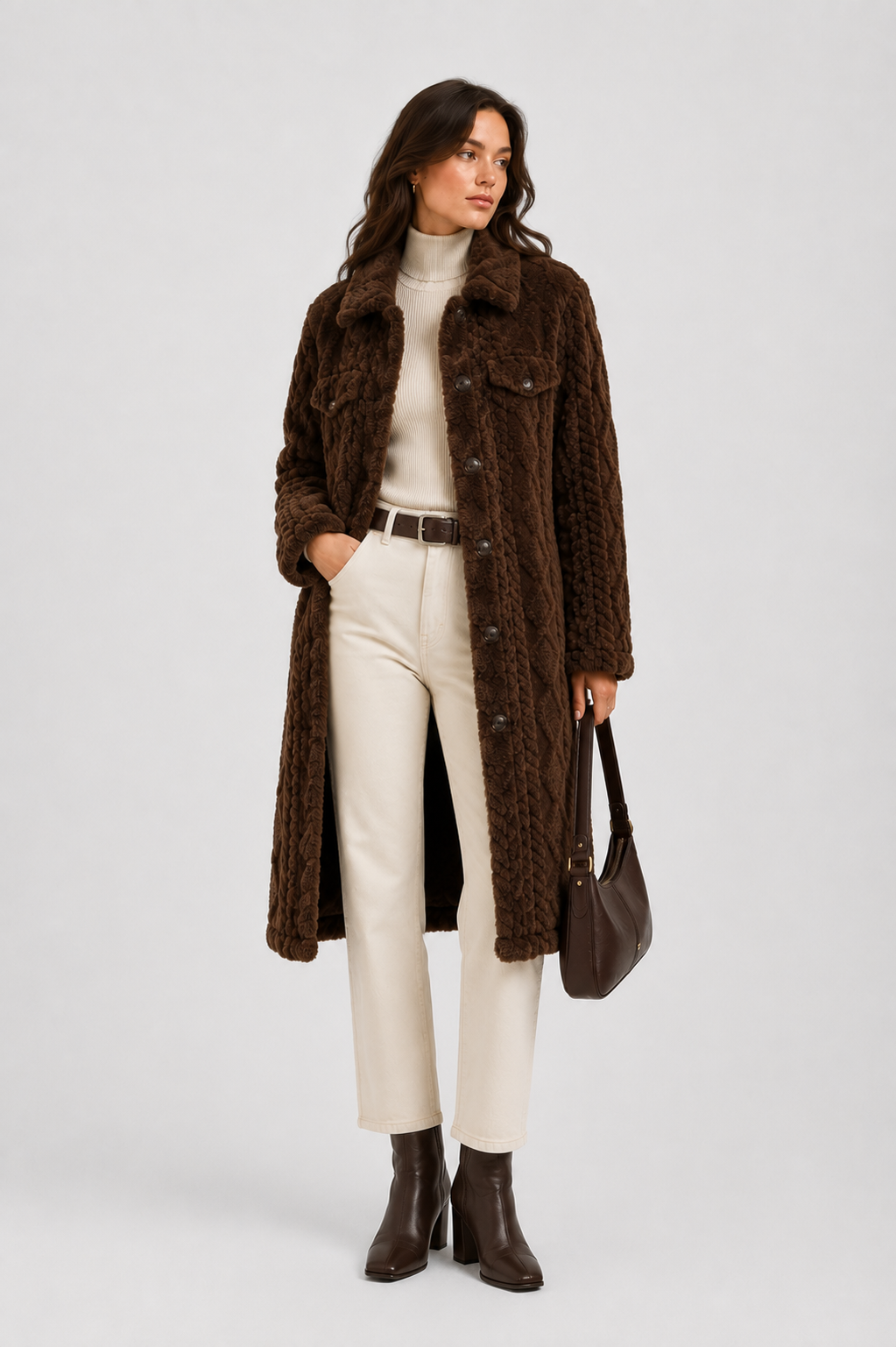 FJ0182 - Quilted Sherpa Long Button Jacket