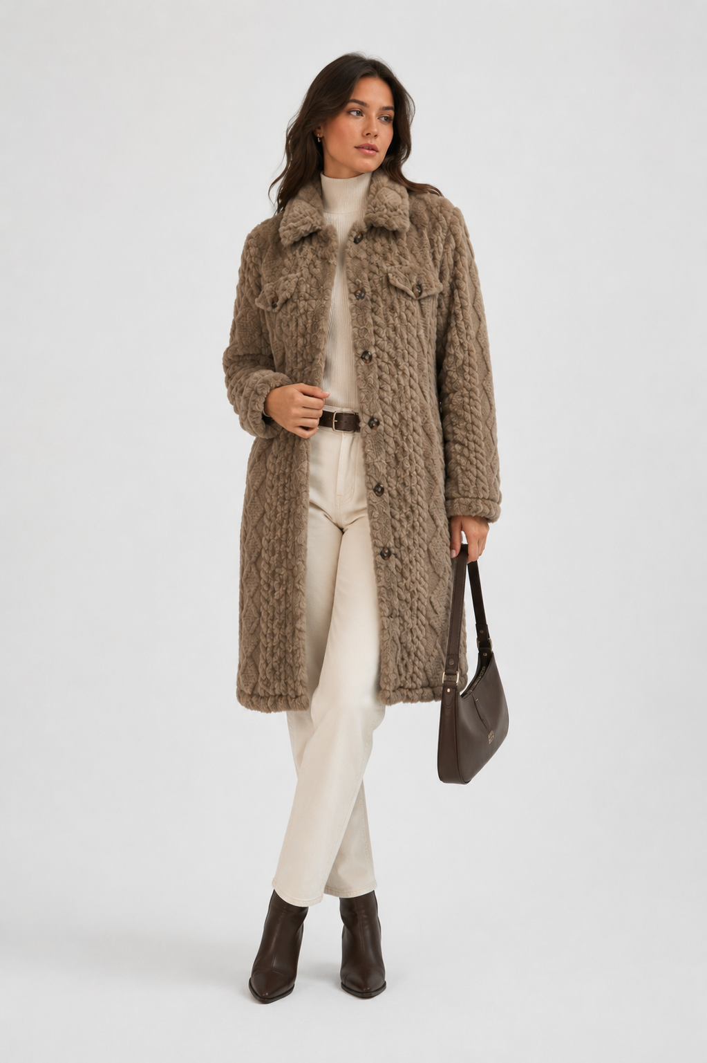 FJ0182 - Quilted Sherpa Long Button Jacket
