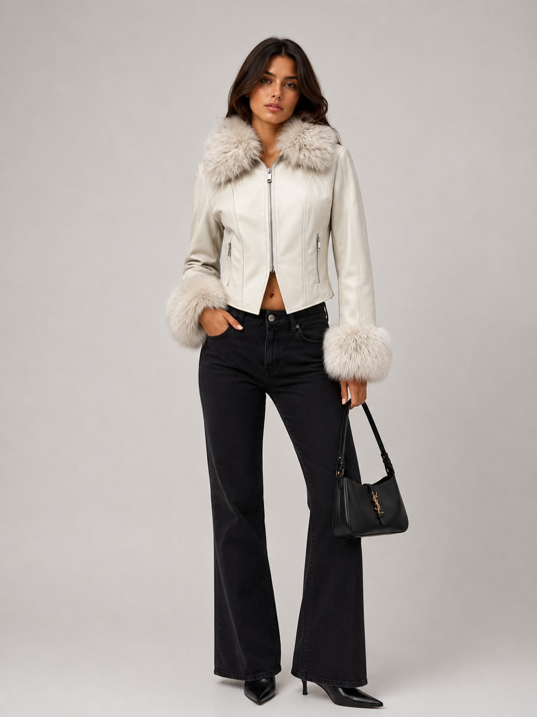 Faux Leather Zip Front Fur Trim Cropped Jacket