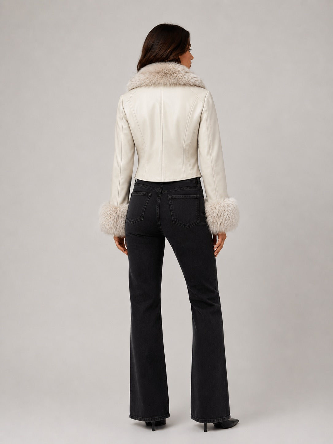 Faux Leather Zip Front Fur Trim Cropped Jacket