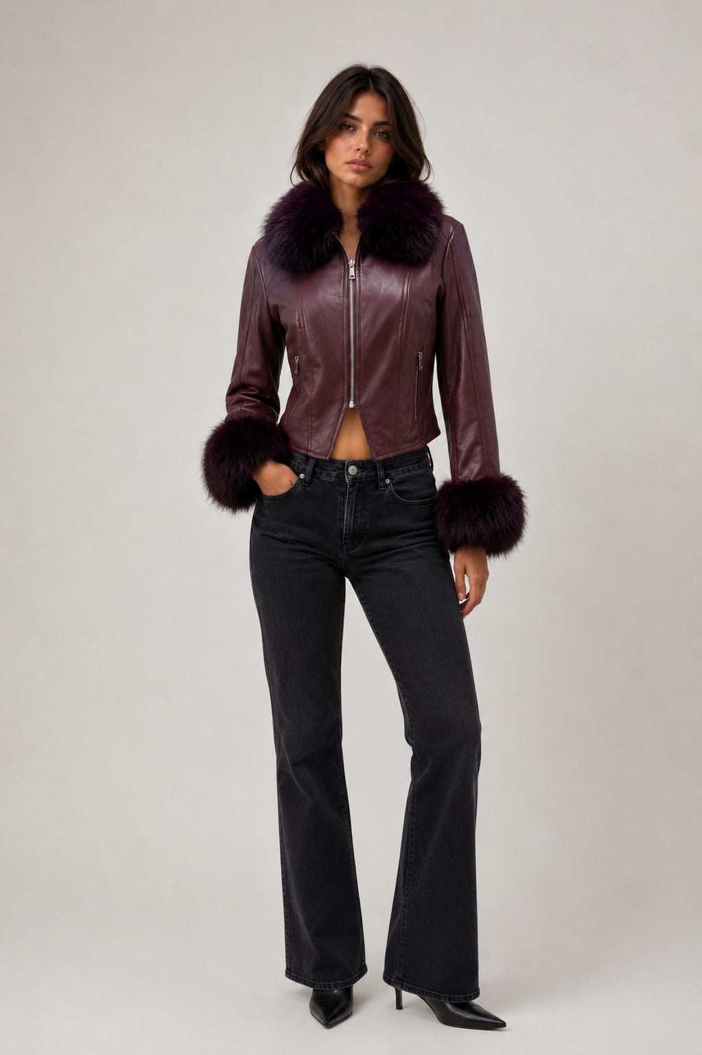 Faux Leather Zip Front Fur Trim Cropped Jacket