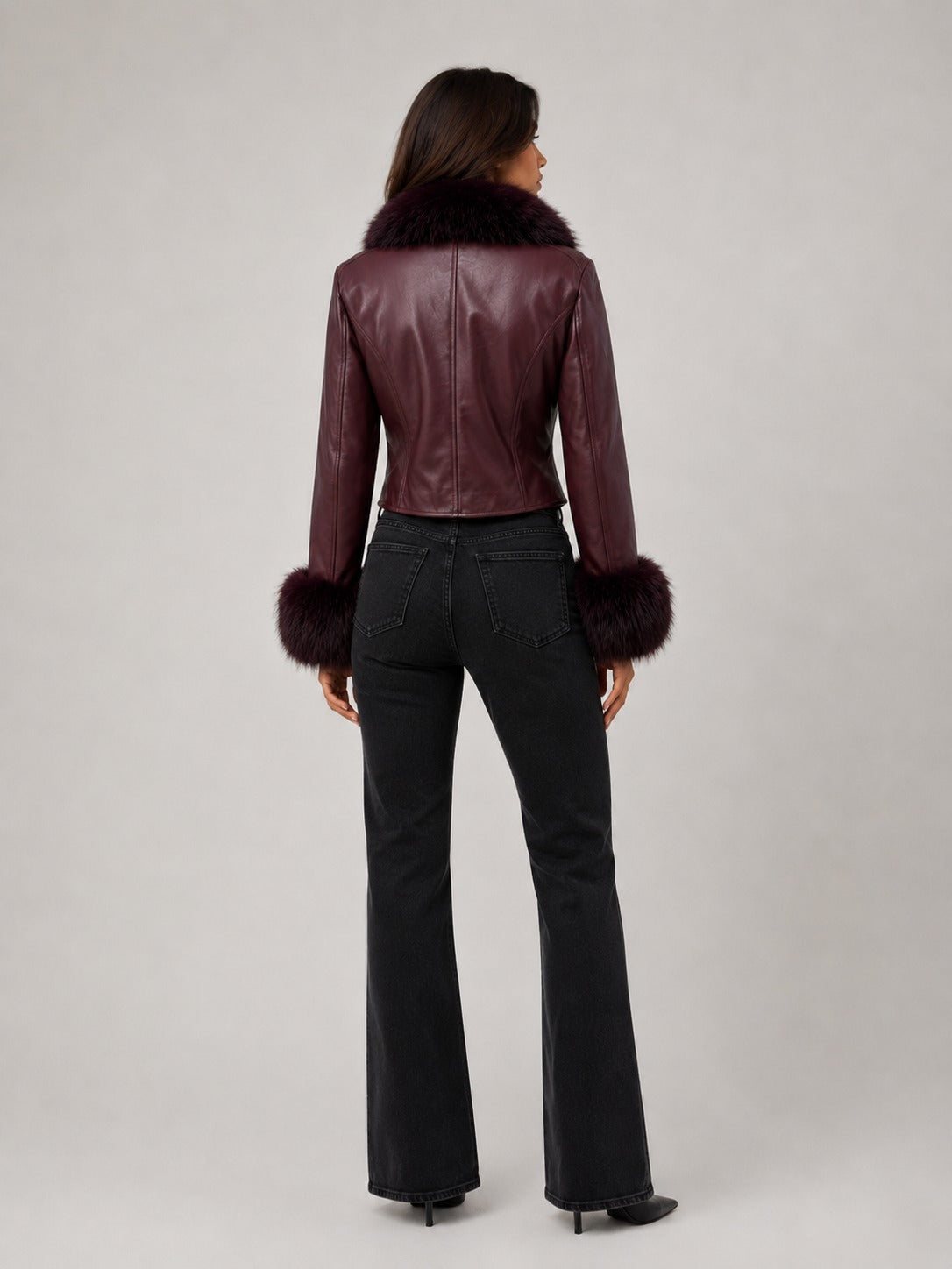 Faux Leather Zip Front Fur Trim Cropped Jacket