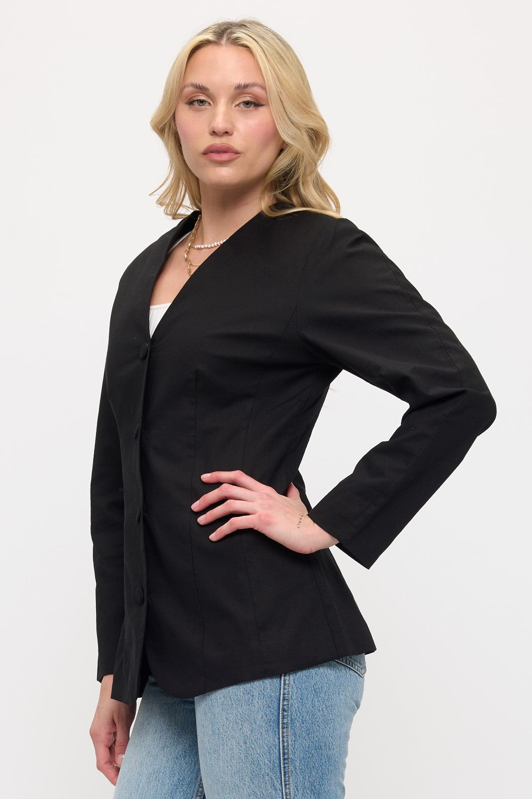Classic Button Front Blazer Jacket Front View in Pink | Coalition LA