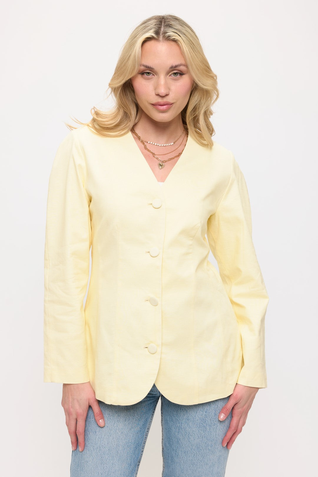Classic Button Front Blazer Jacket Front View in Pink | Coalition LA
