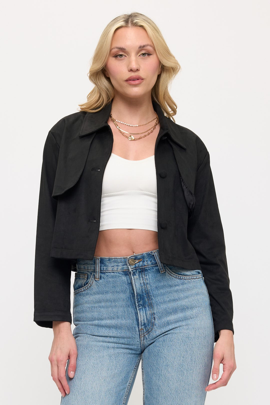Short Suede Jacket Front View in Black | Coalition LA