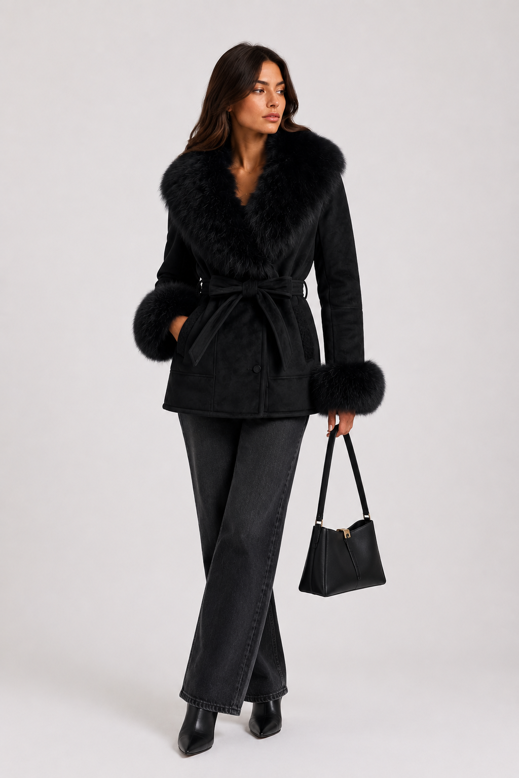 SJ0178 - Suede Belted Faux Fur Wrap Coat