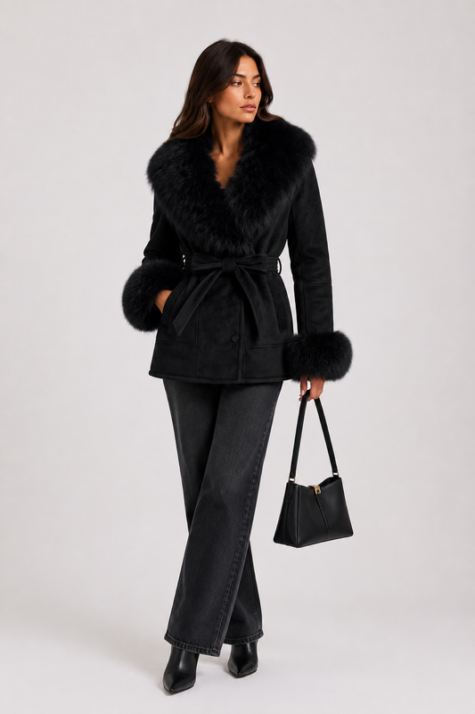 SJ0178 - Suede Belted Faux Fur Wrap Coat