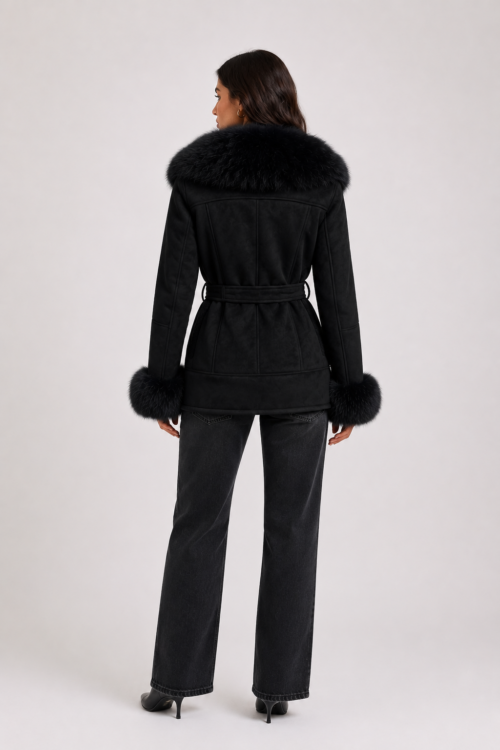 SJ0178 - Suede Belted Faux Fur Wrap Coat