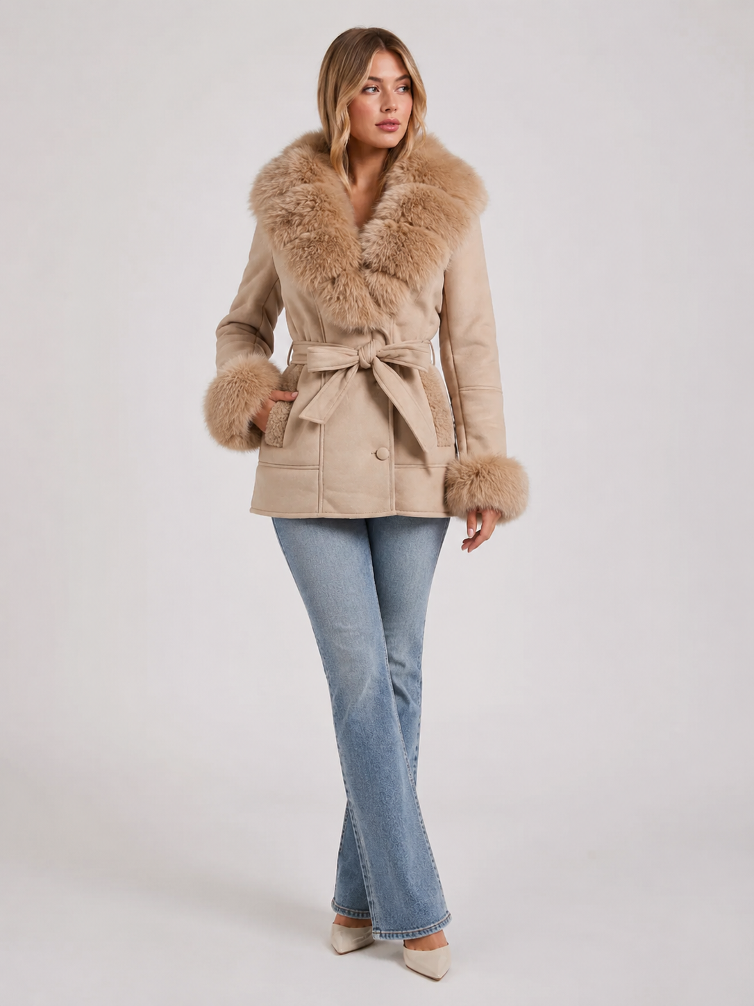 SJ0178 - Suede Belted Faux Fur Wrap Coat