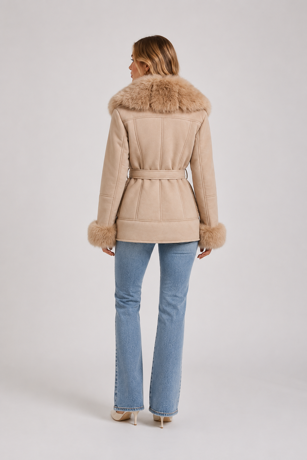 SJ0178 - Suede Belted Faux Fur Wrap Coat