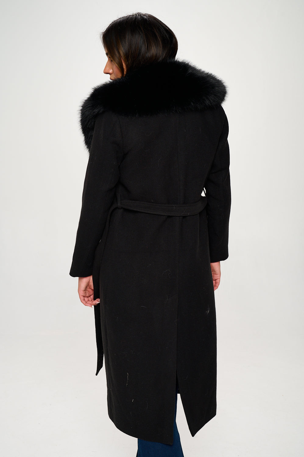 Extra Long Wool Trench Coat Big Faux Fur Collar Adjustable Belt Closure