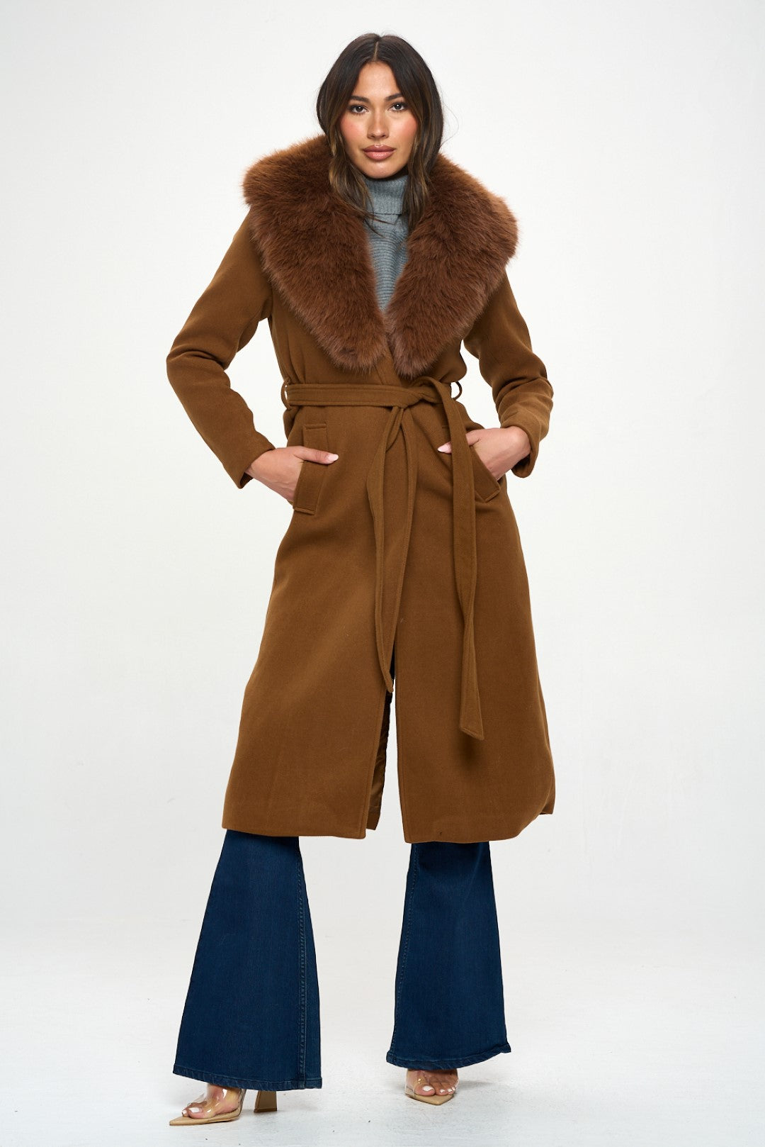 Extra Long Wool Trench Coat Big Faux Fur Collar Adjustable Belt Closure