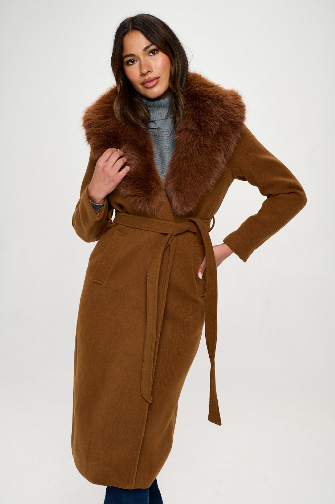Extra Long Wool Trench Coat Big Faux Fur Collar Adjustable Belt Closure