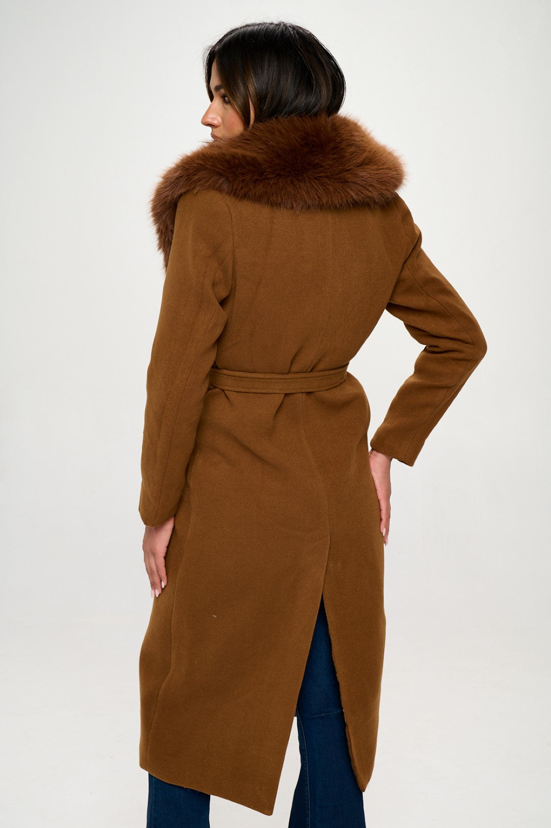 Extra Long Wool Trench Coat Big Faux Fur Collar Adjustable Belt Closure