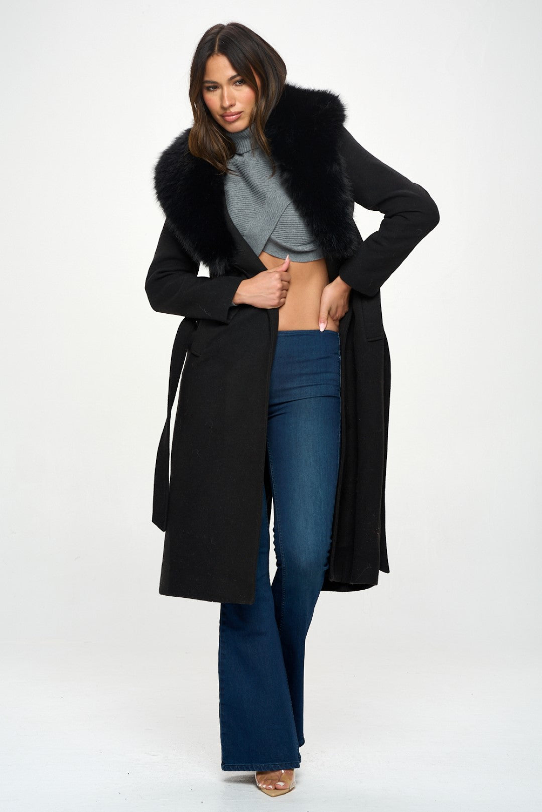 Extra Long Wool Trench Coat Big Faux Fur Collar Adjustable Belt Closure