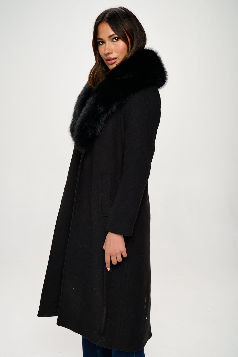 Extra Long Wool Trench Coat Big Faux Fur Collar Adjustable Belt Closure