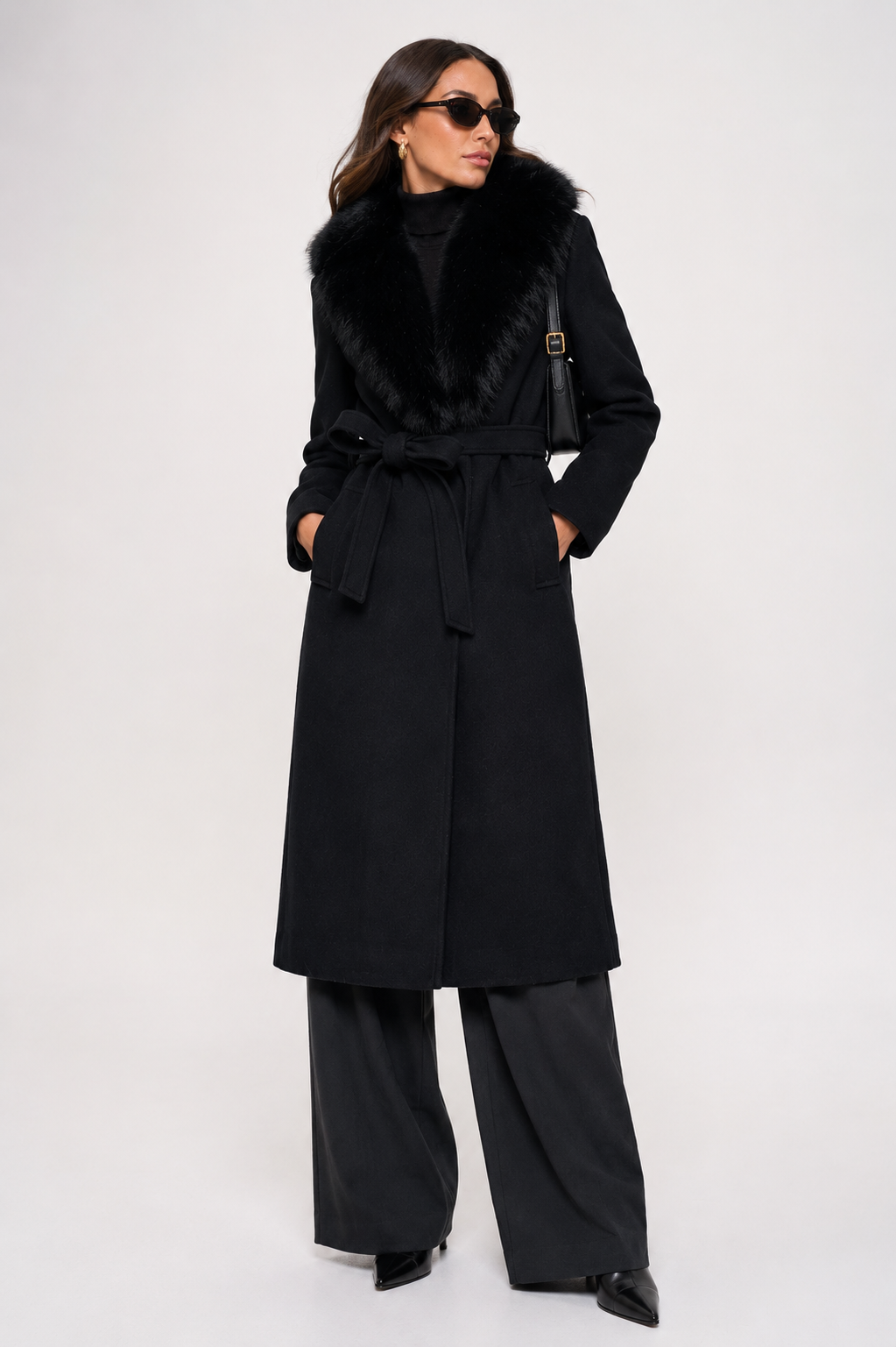 WC454 - Elegant Deep Red Faux-Fur Trim Coat