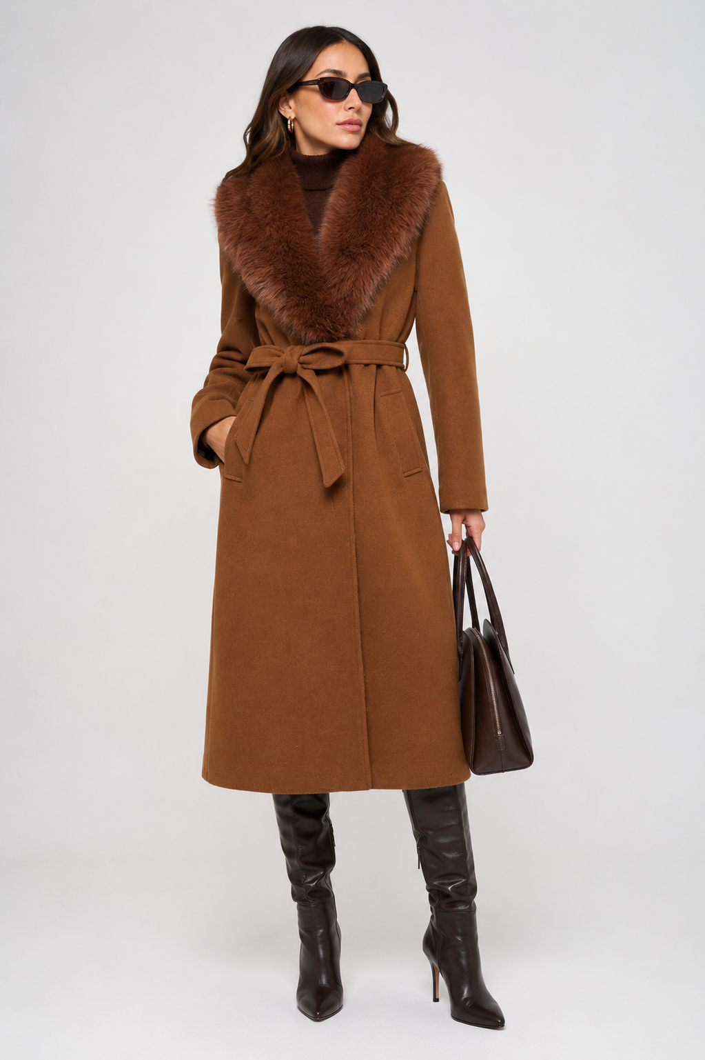 WC454 - Elegant Deep Red Faux-Fur Trim Coat