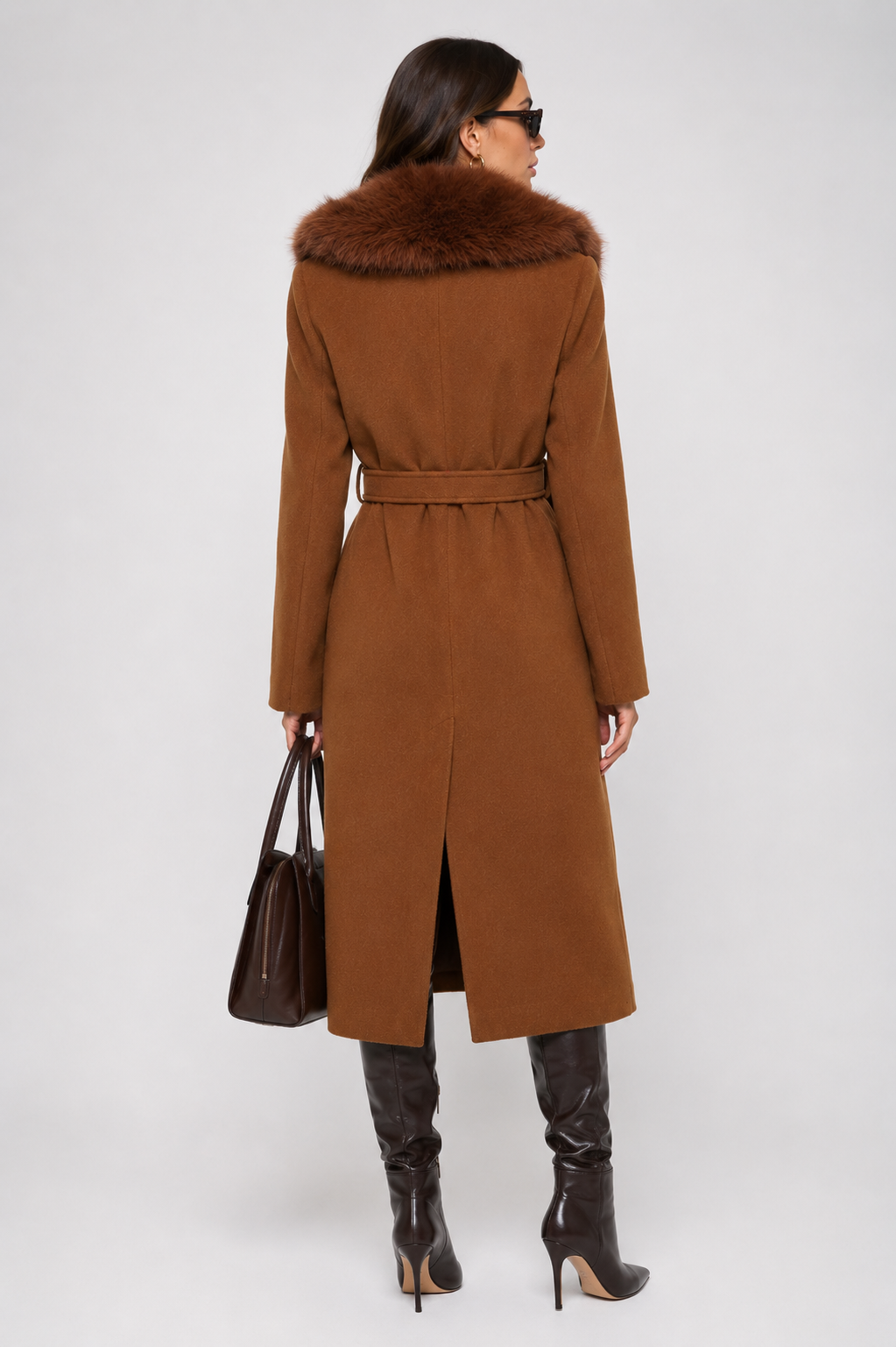 WC454 - Elegant Deep Red Faux-Fur Trim Coat