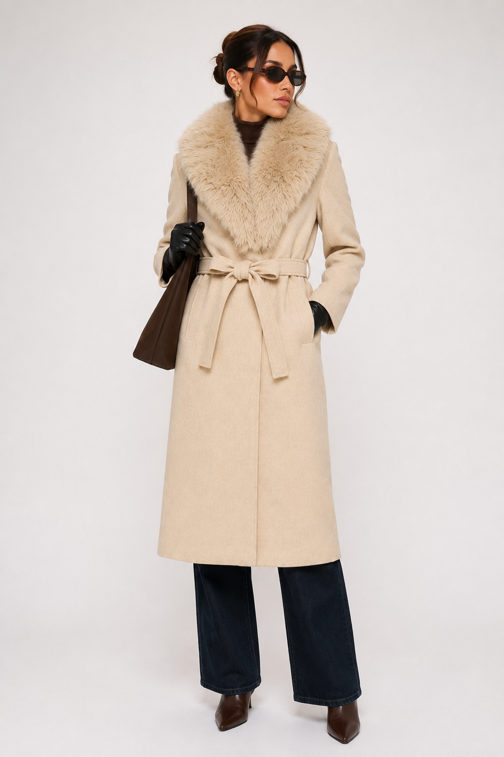 WC454 - Elegant Deep Red Faux-Fur Trim Coat