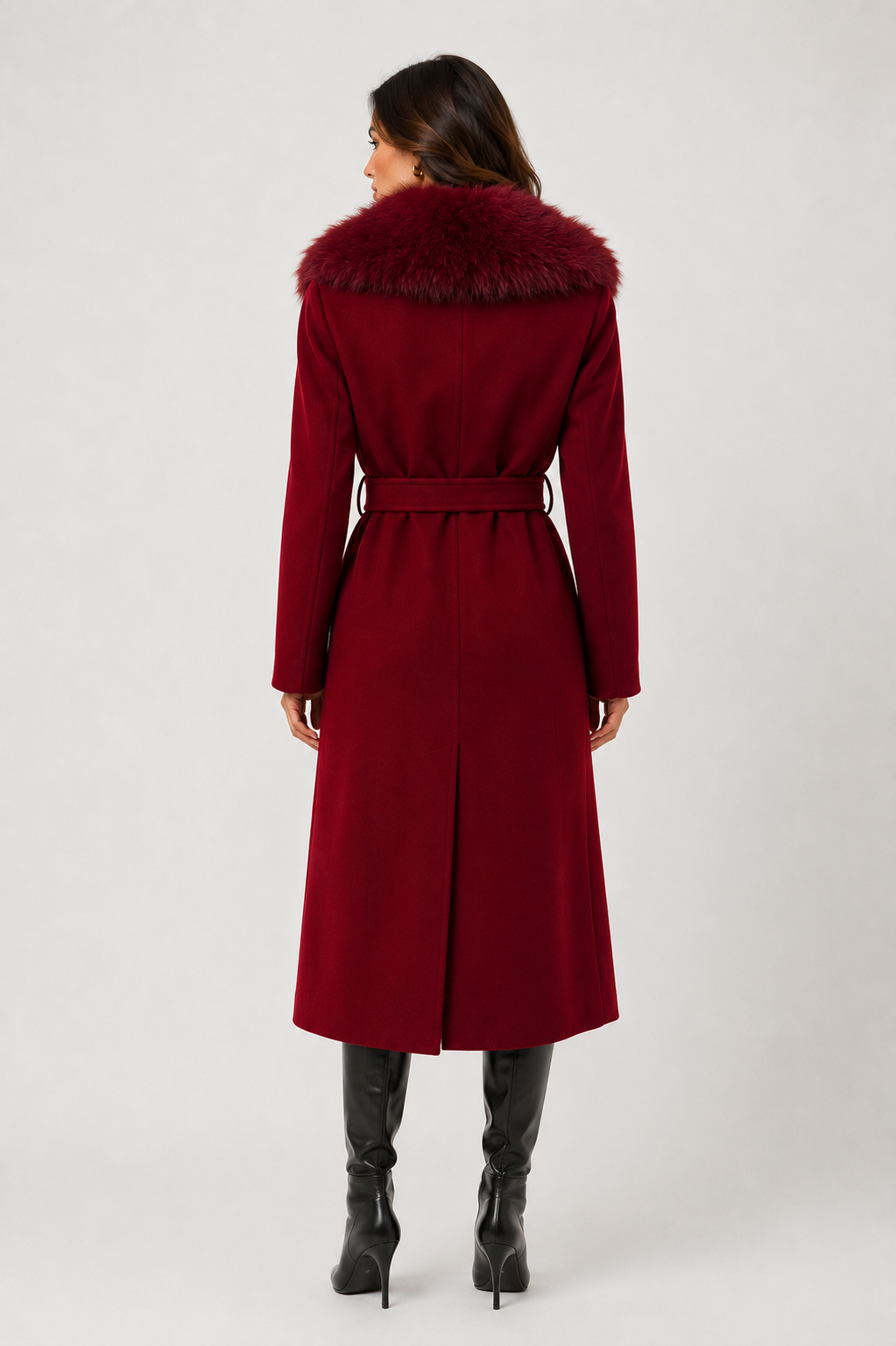 WC454 - Elegant Deep Red Faux-Fur Trim Coat