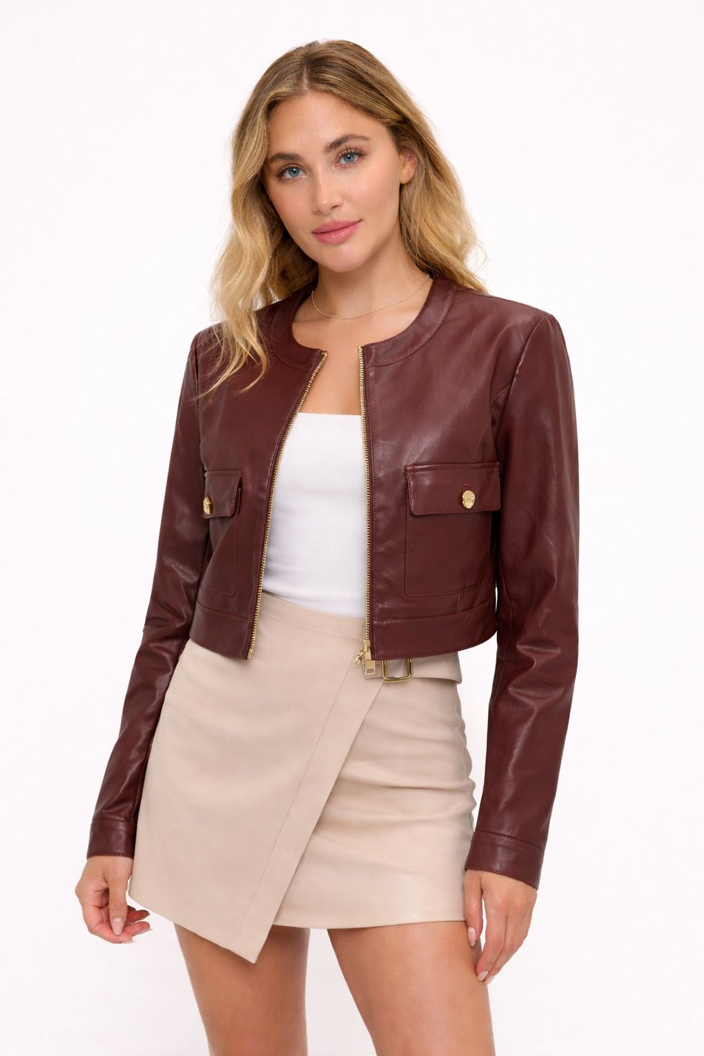 CLALJ0160: Cropped Faux Leather Jacket with Pocket Detail
